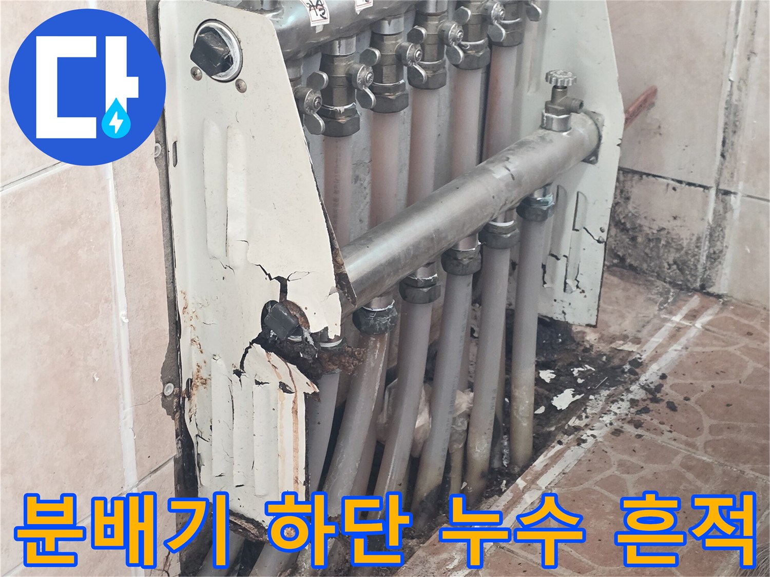물샘으로 인해 오염된 분배기 연결 부위와 바닥 배관