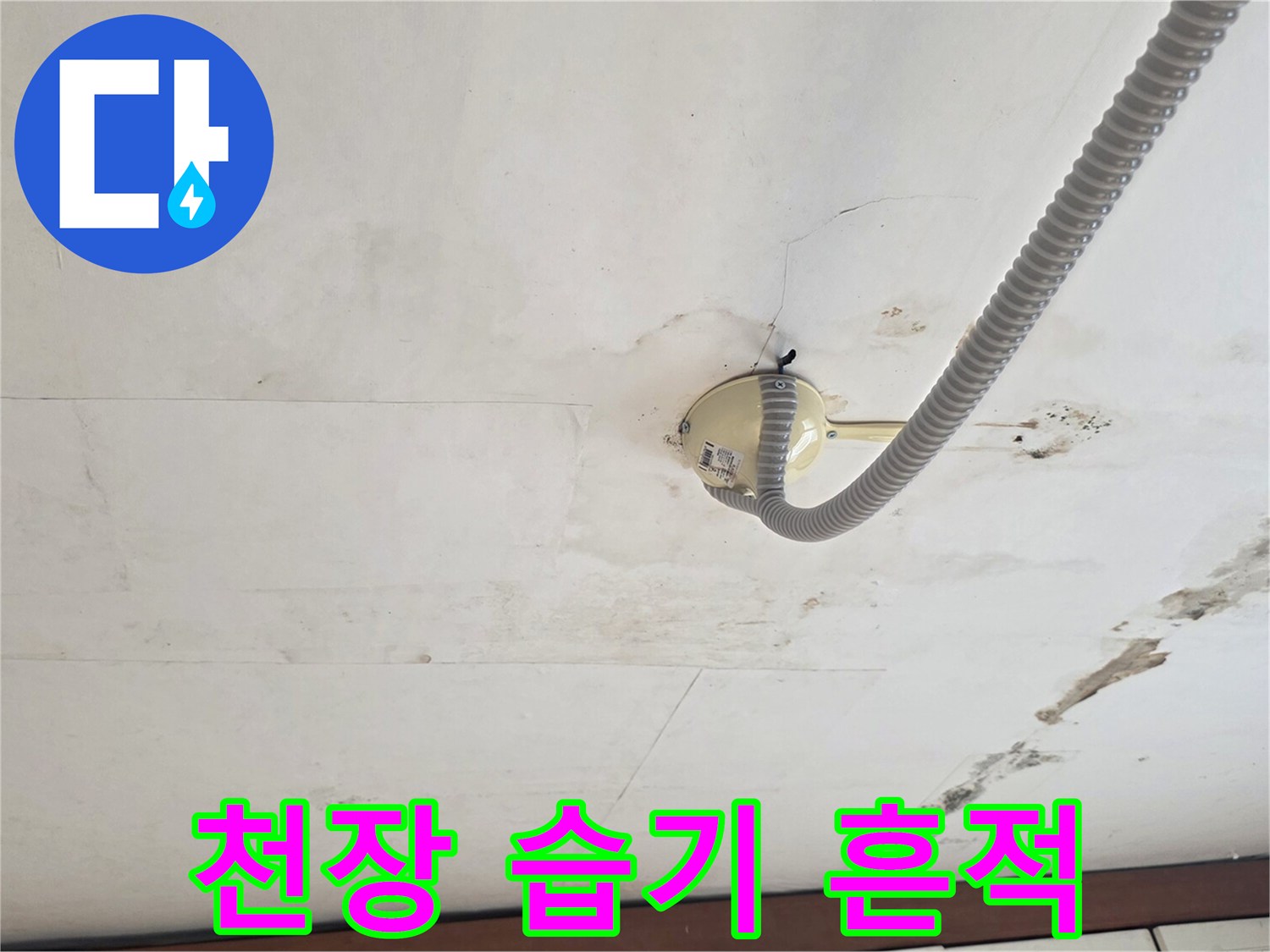천장 마감재에 발생한 물샘 흔적과 얼룩