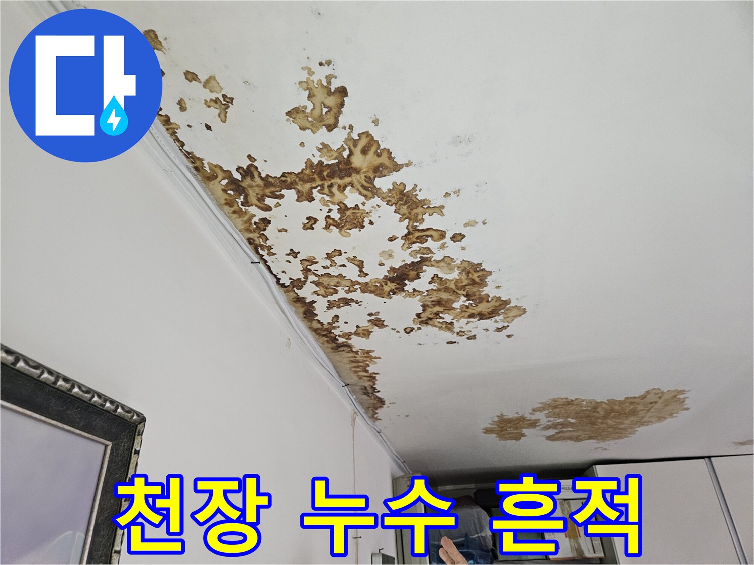 천장 벽지에 나타난 갈색 누수 자국