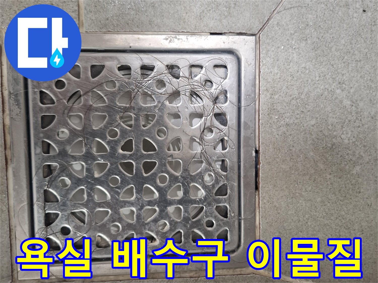 욕실 바닥 배수구에 쌓인 머리카락과 슬러지-배수 불량의 직접적인 원인