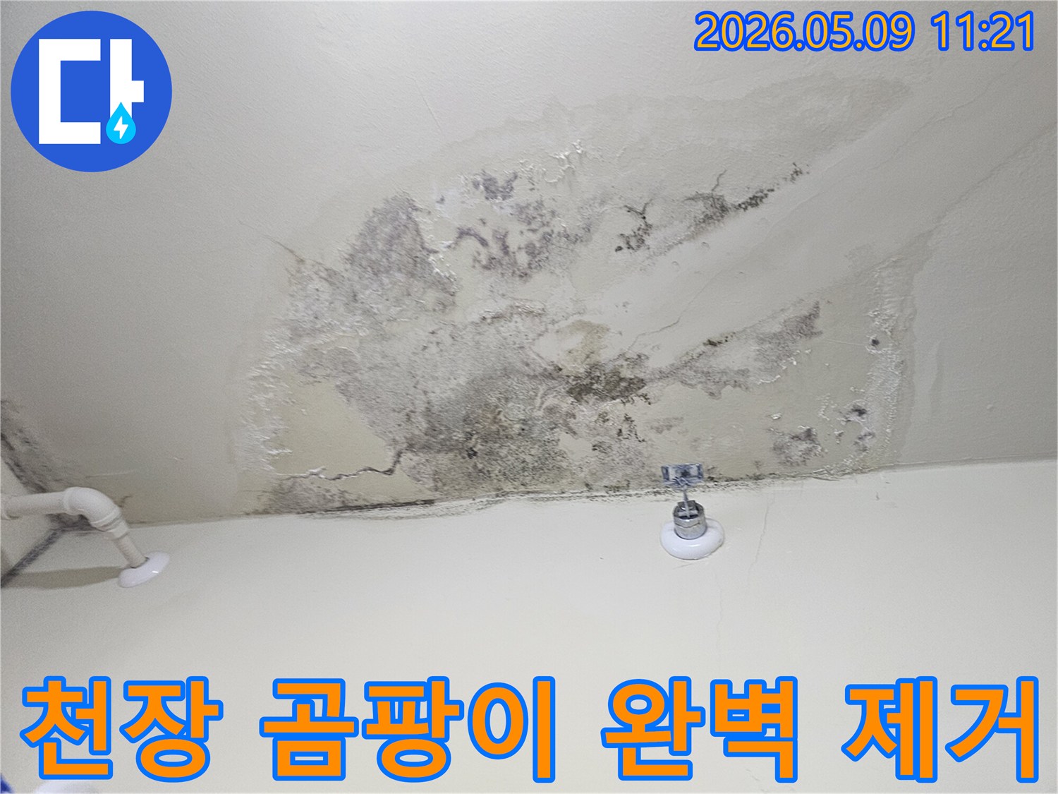 누수 탐지 전-천장 손상 상태를 기록한 사진