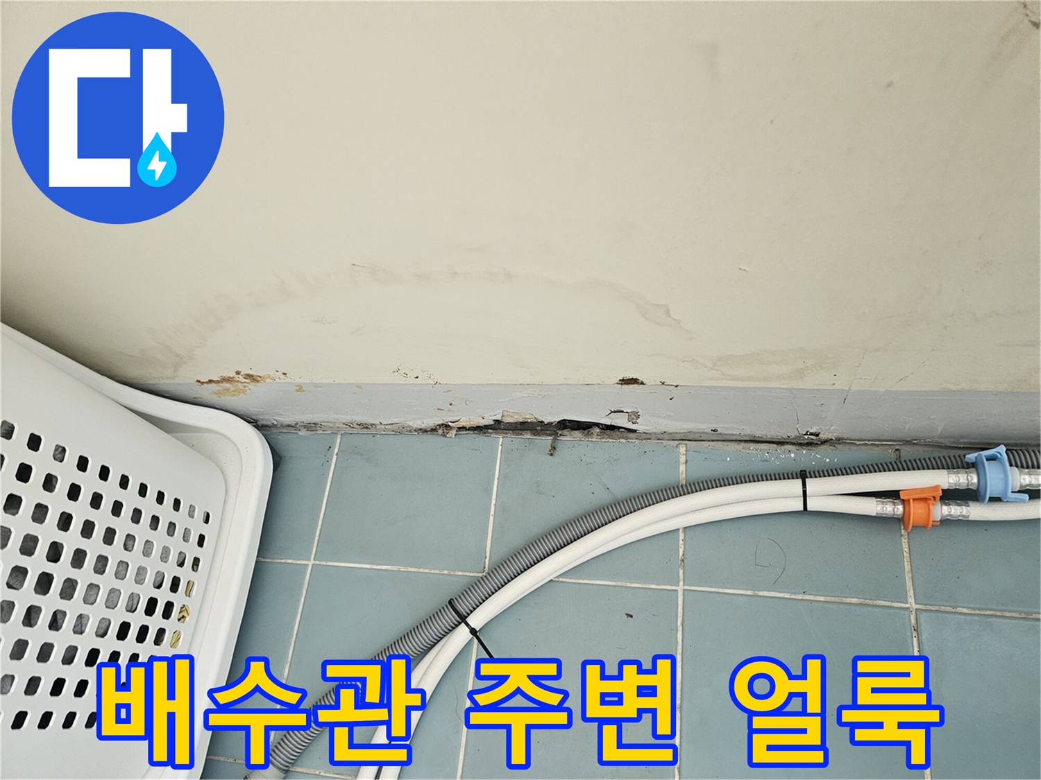 세탁기 배수 호스-벽면 접합부의 젖은 자국과 오염