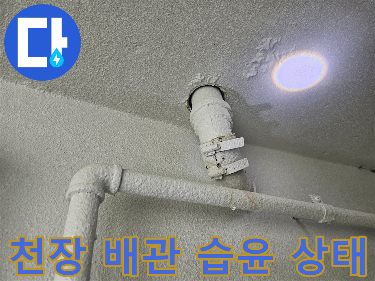 천장을 통과하는 배관 주변의 젖은 자국