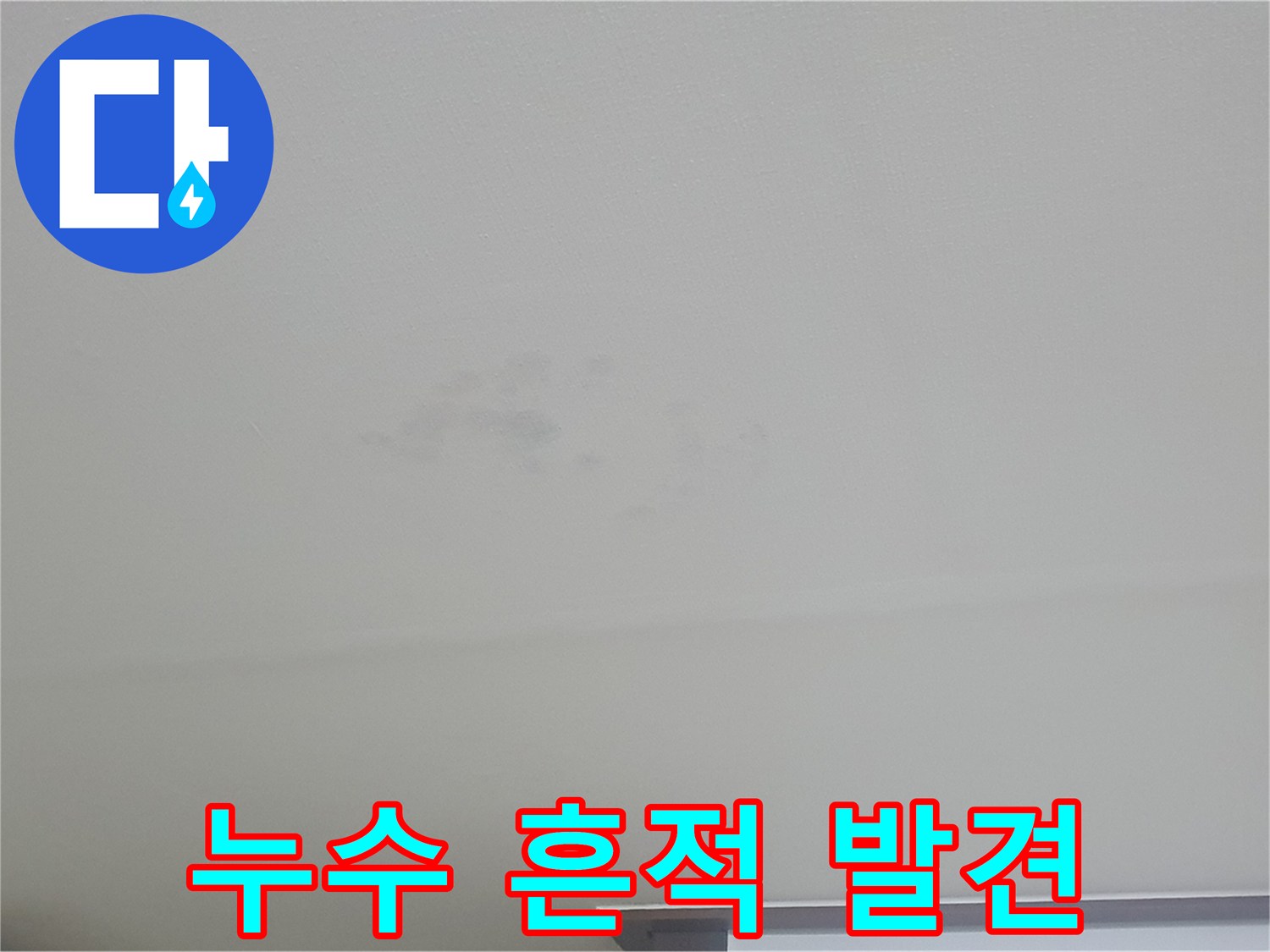 천장면에 넓게 퍼진 누수 침투 흔적