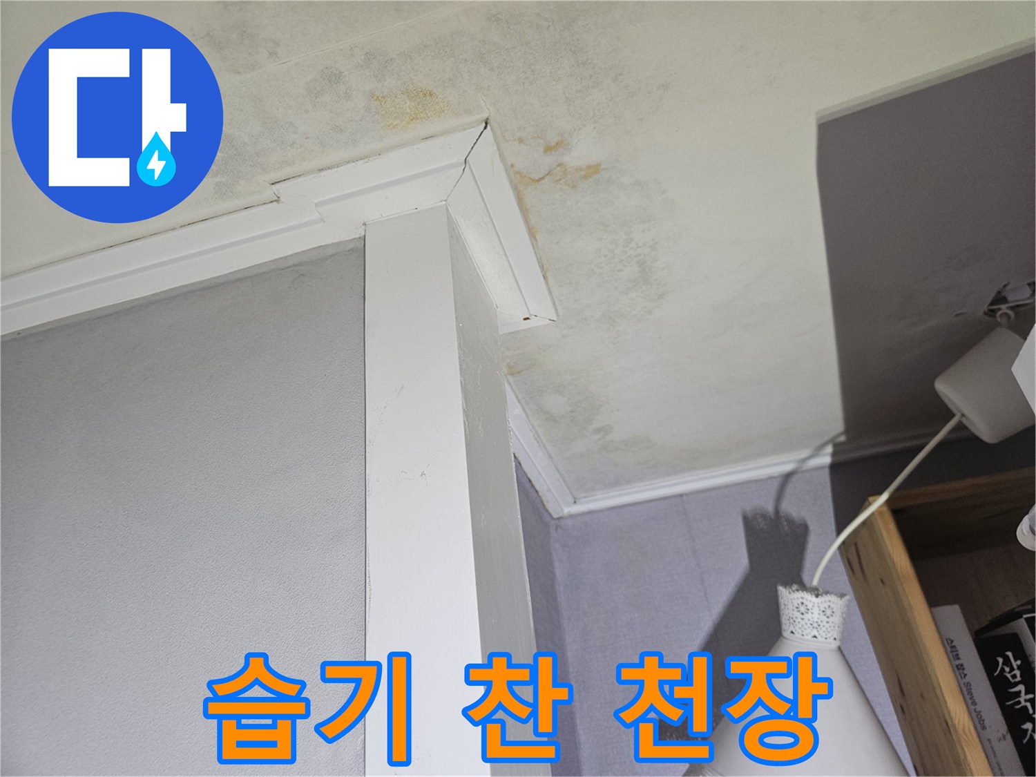 누수로 인해 얼룩진 천장과 몰딩 부위
