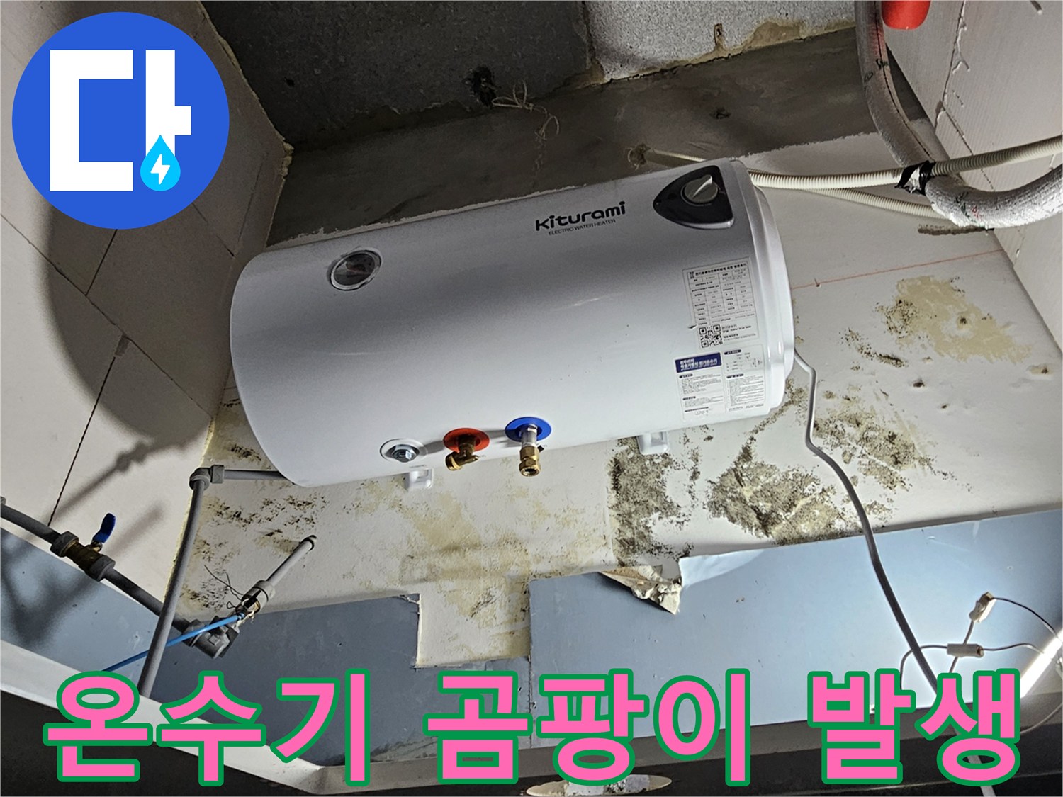 전기 온수기 하단 - 벽면의 곰팡이와 누수 흔적 사진