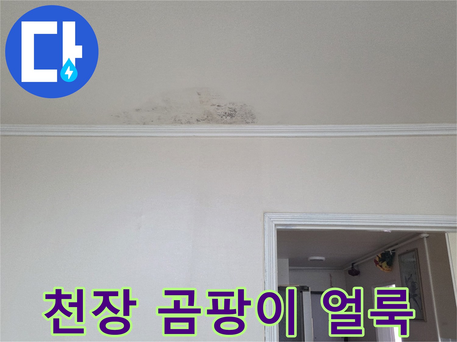 화장실 입구 천장-물에 의한 벽지 오염 상태