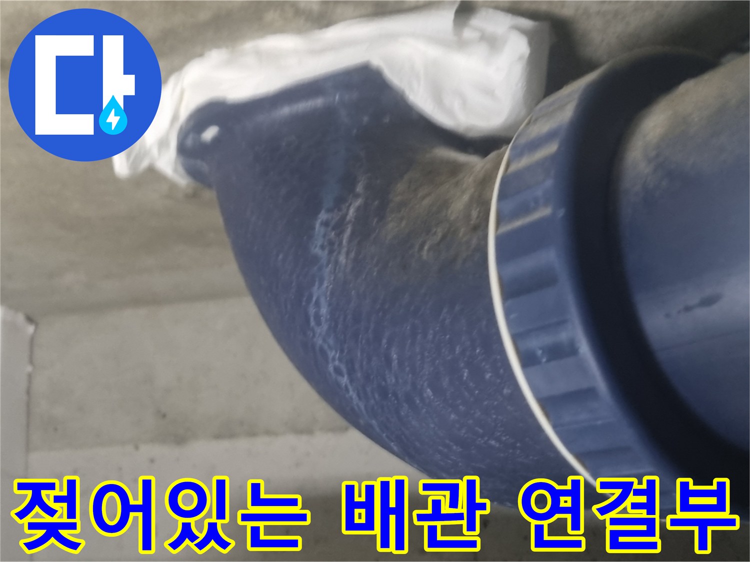 파란색 PVC 배관 - 습기가 맺혀 있는 오수관 부위