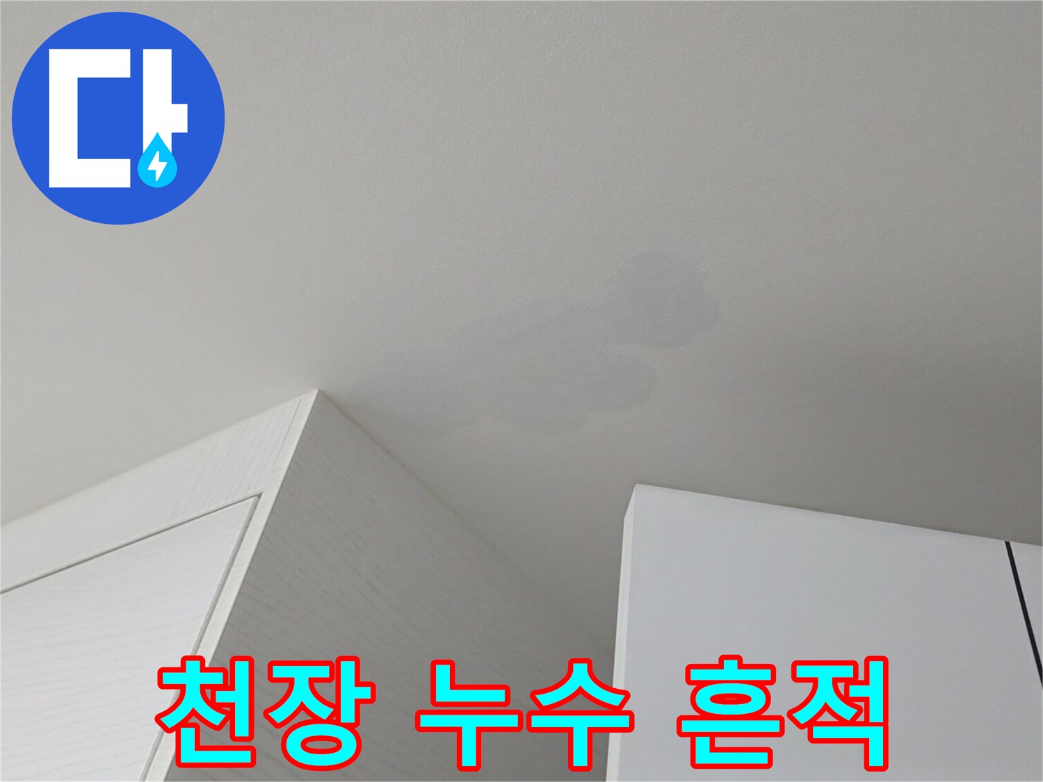하얀 천장 중앙에 발생한 회색빛 누수 얼룩 부위
