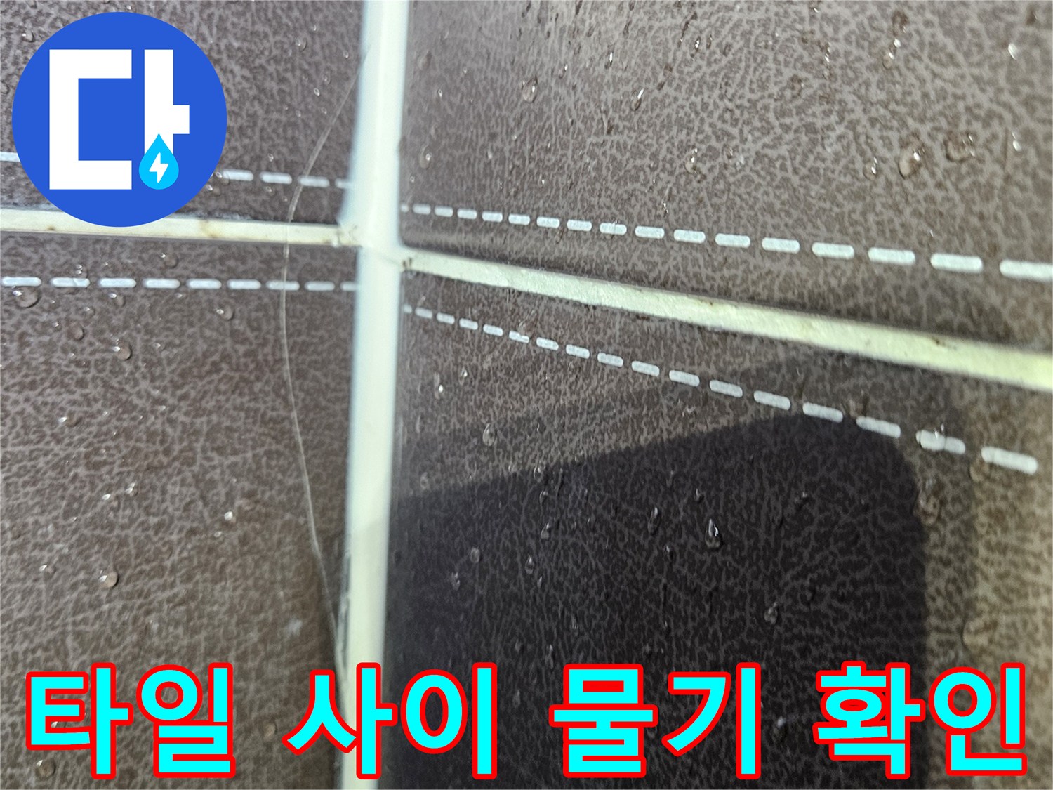 타일 접합부의 수분 침투 흔적을 촬영한 사진입니다.