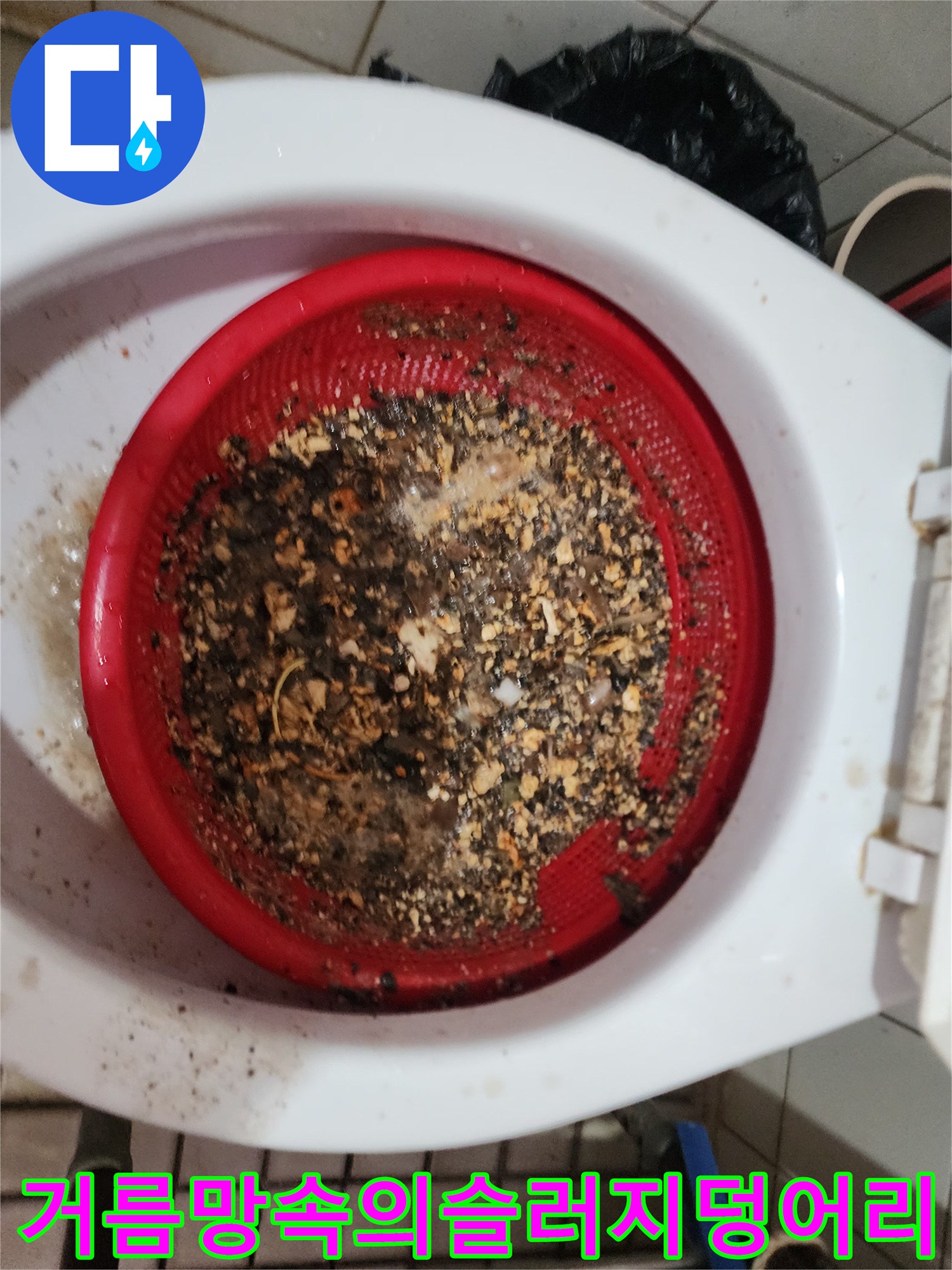 빨간 체에 걸러진 음식물과 기름때 찌꺼기 모음
