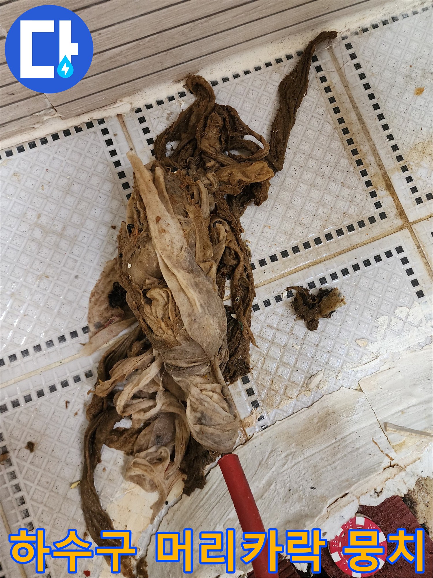 배관 청소 장비에 걸려 나온 대량의 배수구 오염물질