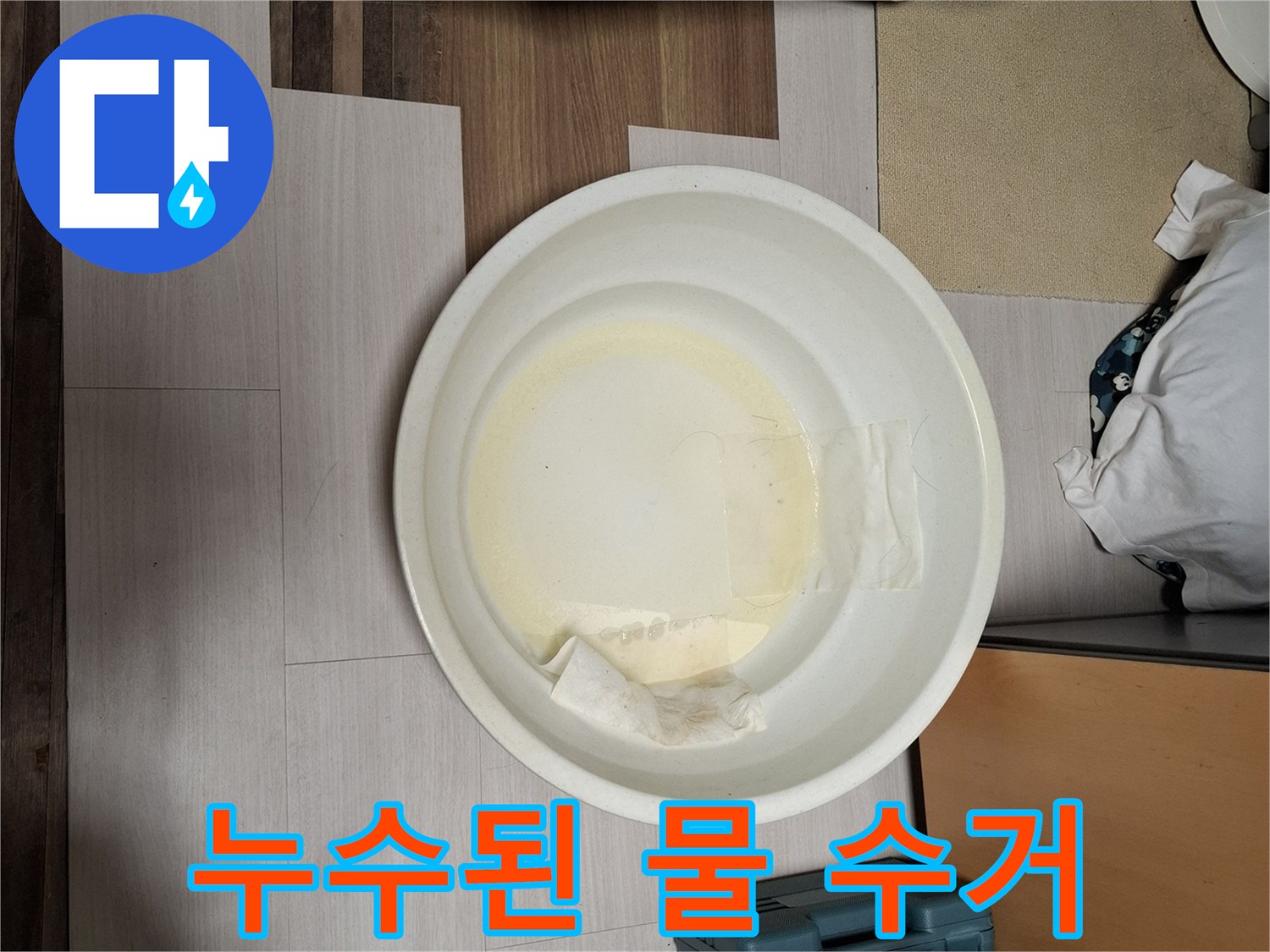 하얀 대야에 고인 누수된 물의 모습