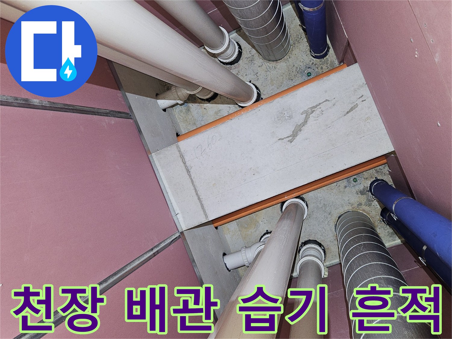 배관 하부 슬래브의 젖은 부분과 얼룩