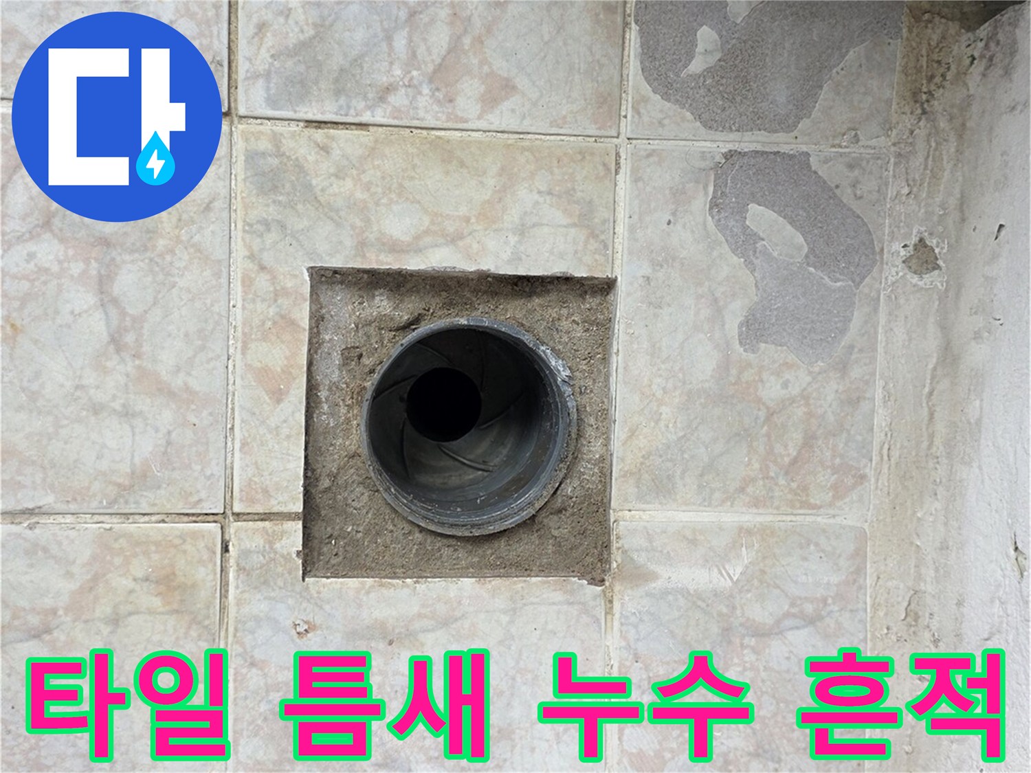 배수구 주변-타일 사이의 물때와 균열 현상