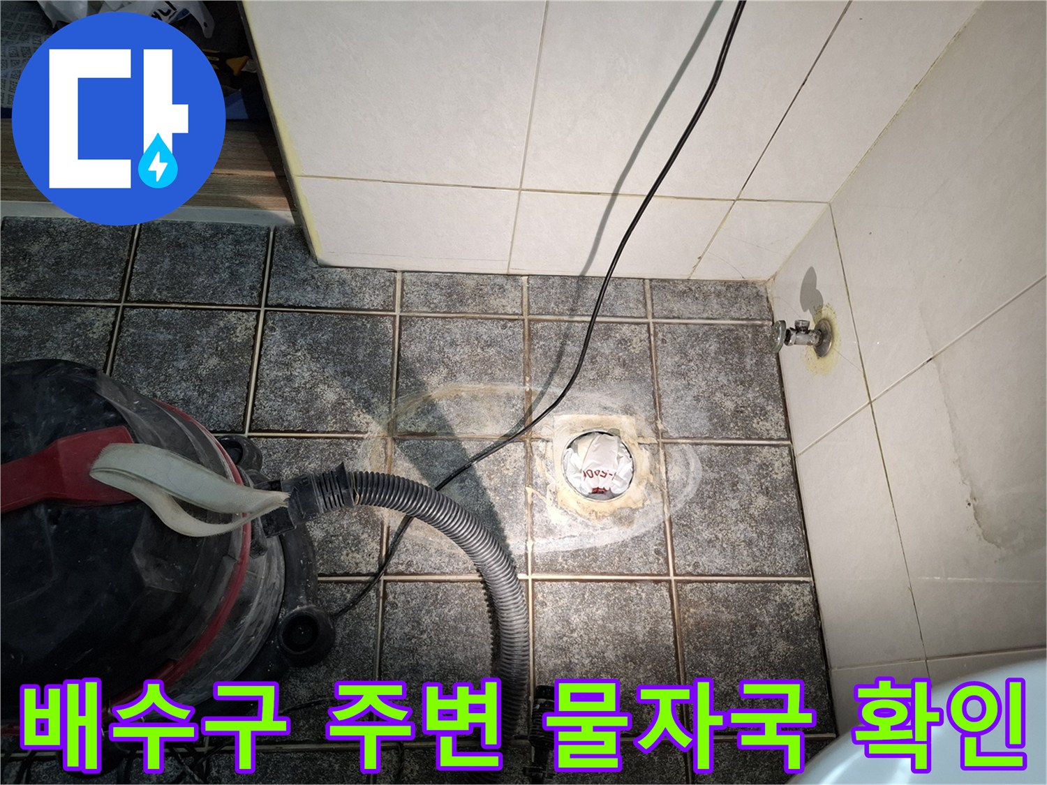 배수구 인근 타일의 젖은 흔적과 습기