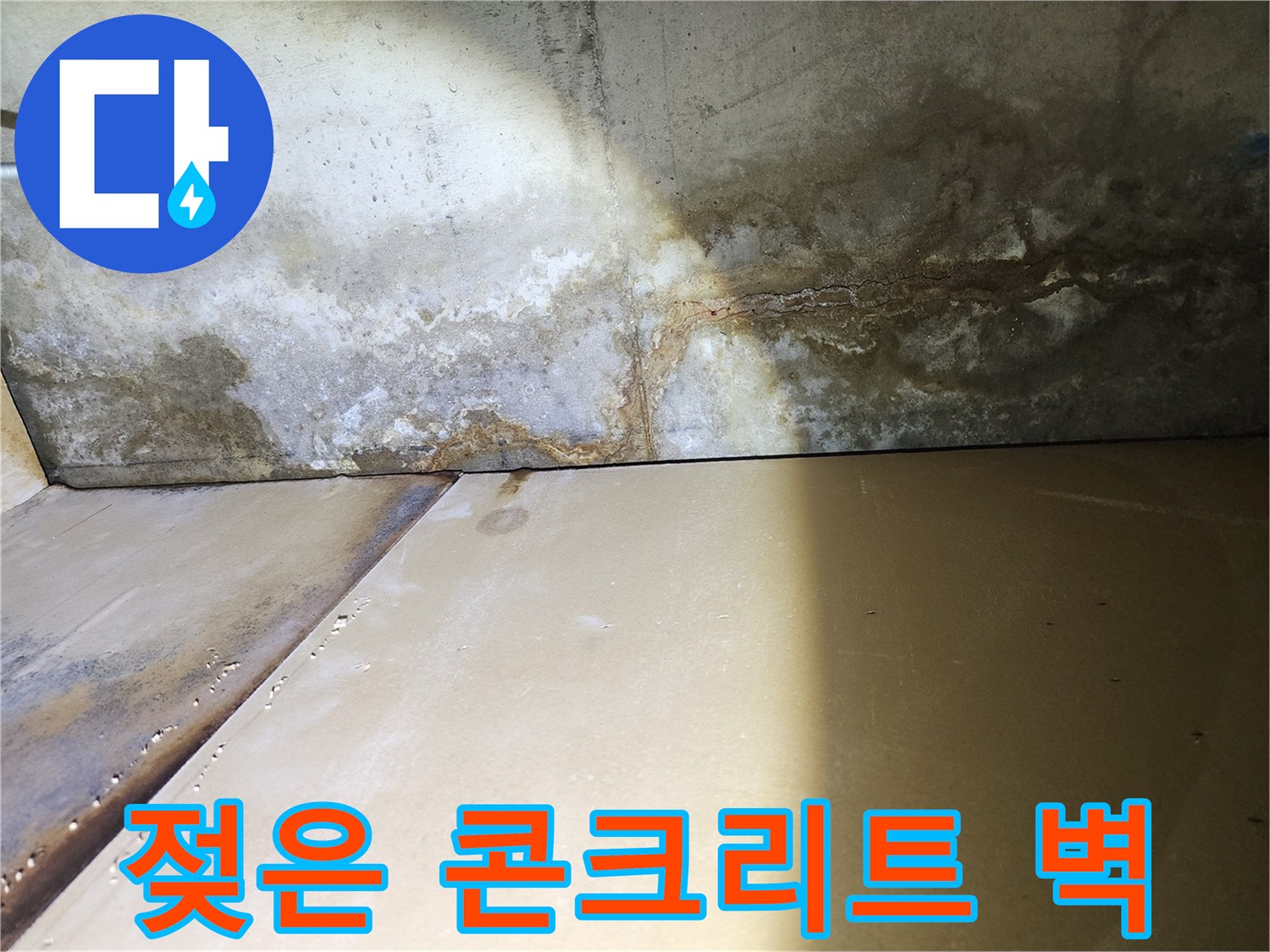 누수 흔적-광범위하게 퍼진 습기와 오염