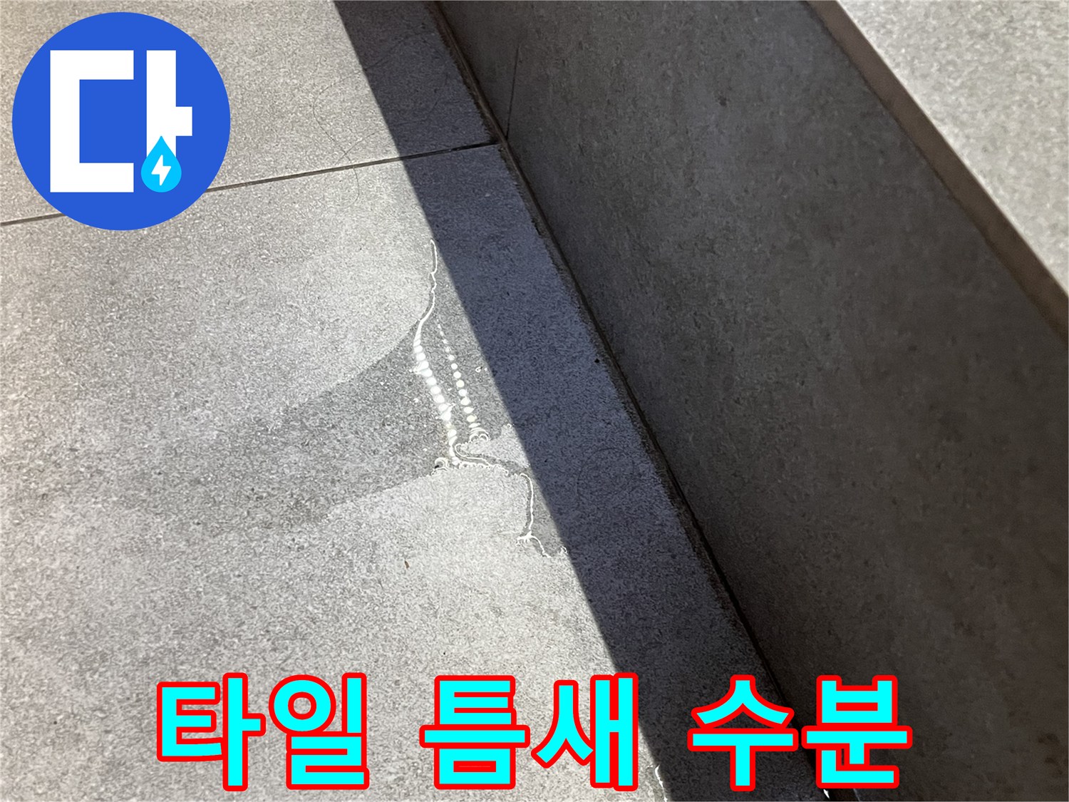 물기가 올라온 타일 경계 부위의 누수 흔적