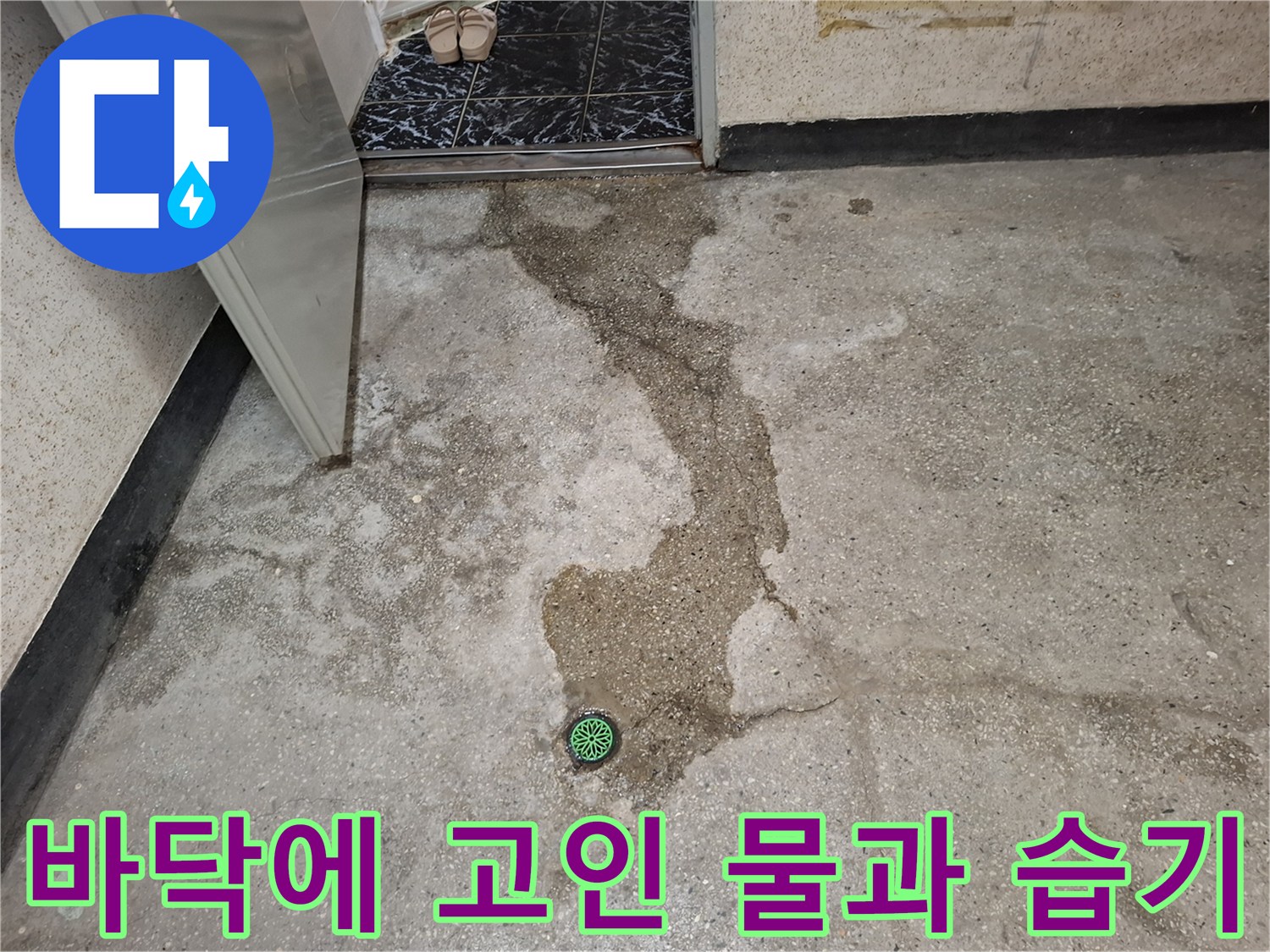 지하실 바닥의 젖은 흔적과 배수구 주변