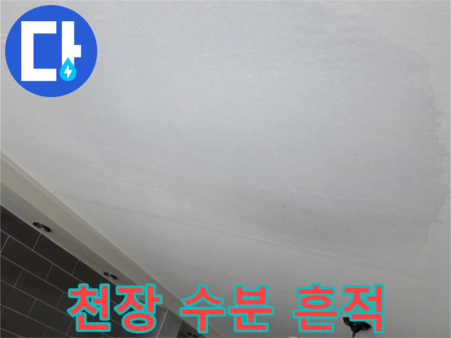 거실 천장 중앙부의 넓은 습기 얼룩