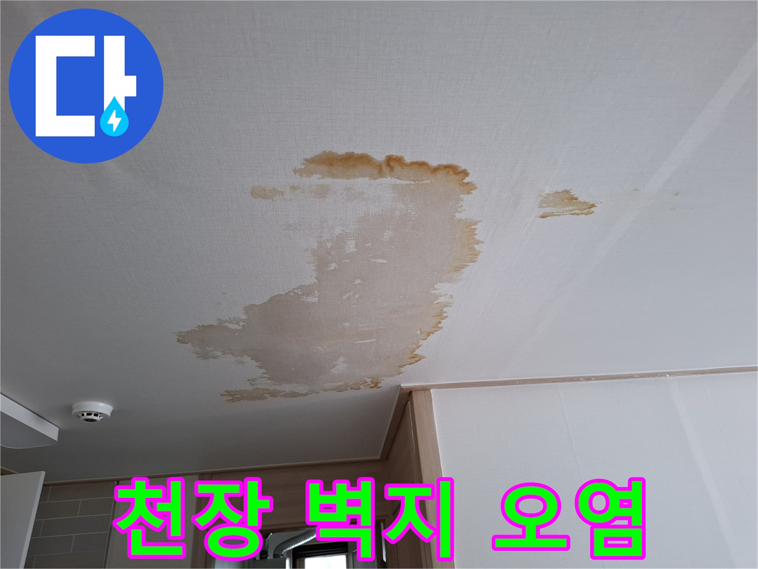 습기로 인해 변색된 천장 벽지 부분