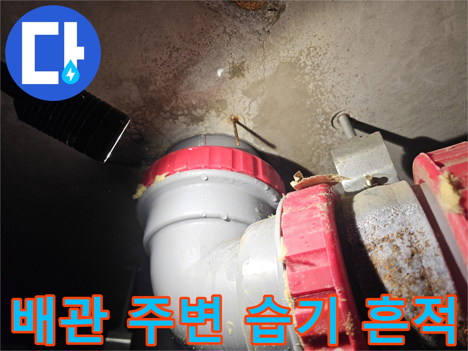 천장 내부 배관 주위의 젖은 자국들