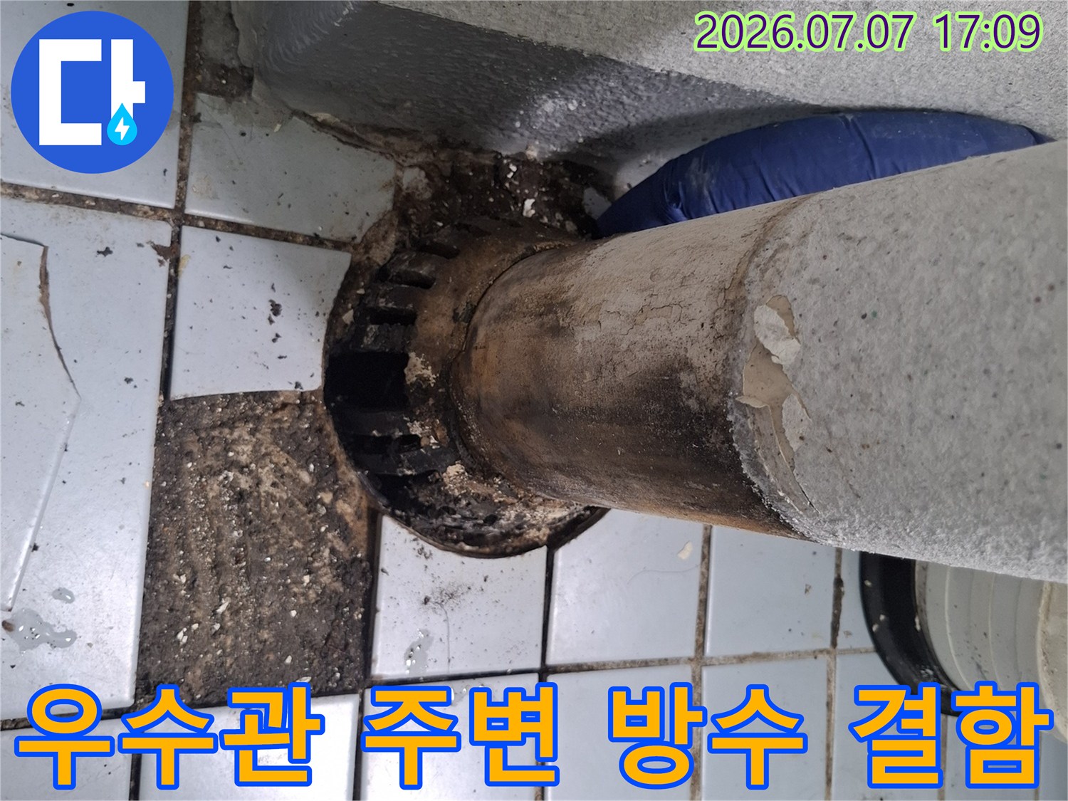 오염된 우수관 하단과 타일이 젖은 모습