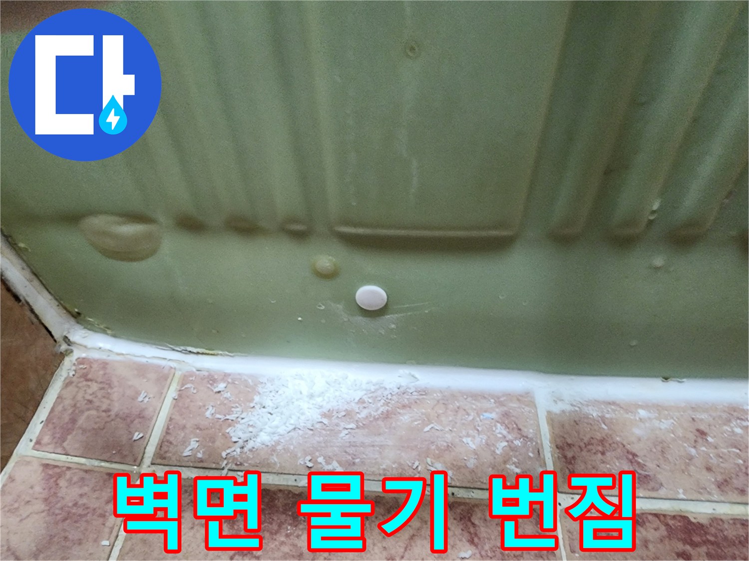 연두색 벽면 하단-물기가 맺힌 타일 경계선