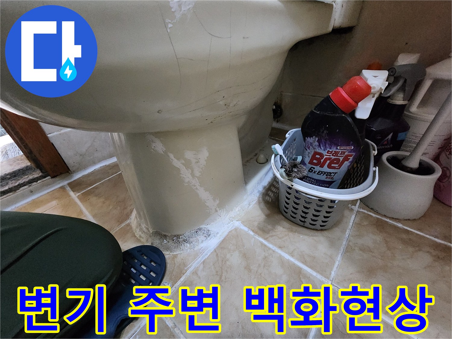 양변기 바닥 타일 사이의 하얀색 침전물 흔적