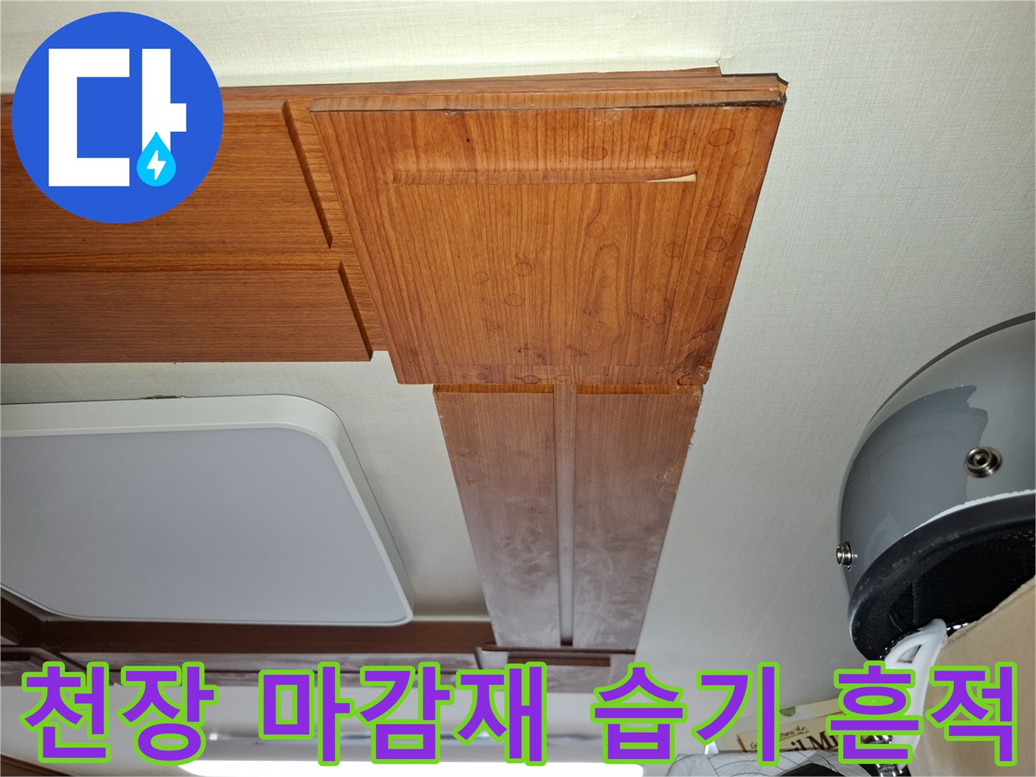 습기로 인해 변색된 천장 목재 마감 부위