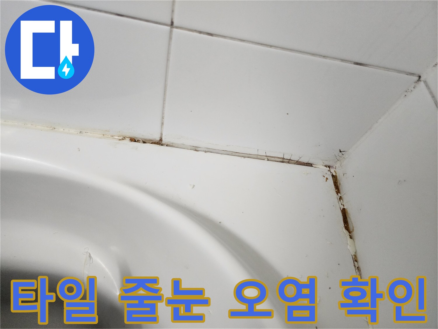 화장실 타일 경계의 갈색 오염 부위