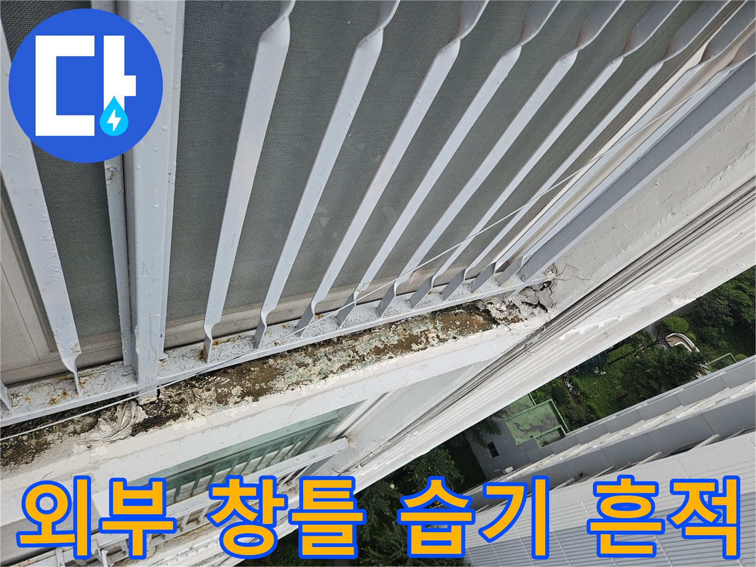 창문 프레임 하단부의 빗물 유입 흔적 및 오염 상태