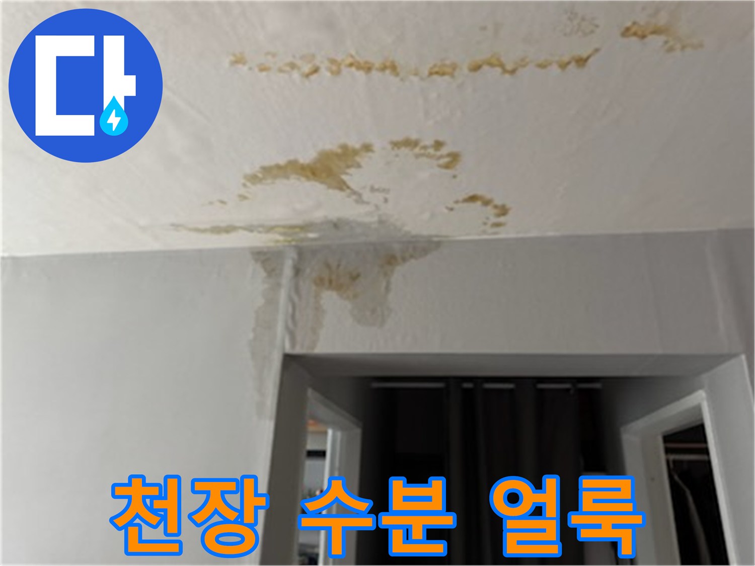 천장 마감재에 발생한 광범위한 누수 흔적