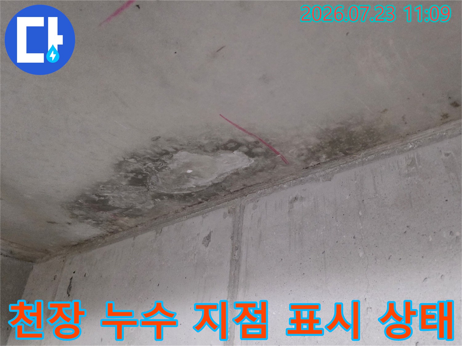 콘크리트 천장의 젖은 부위와-분석을 위한 마킹 라인