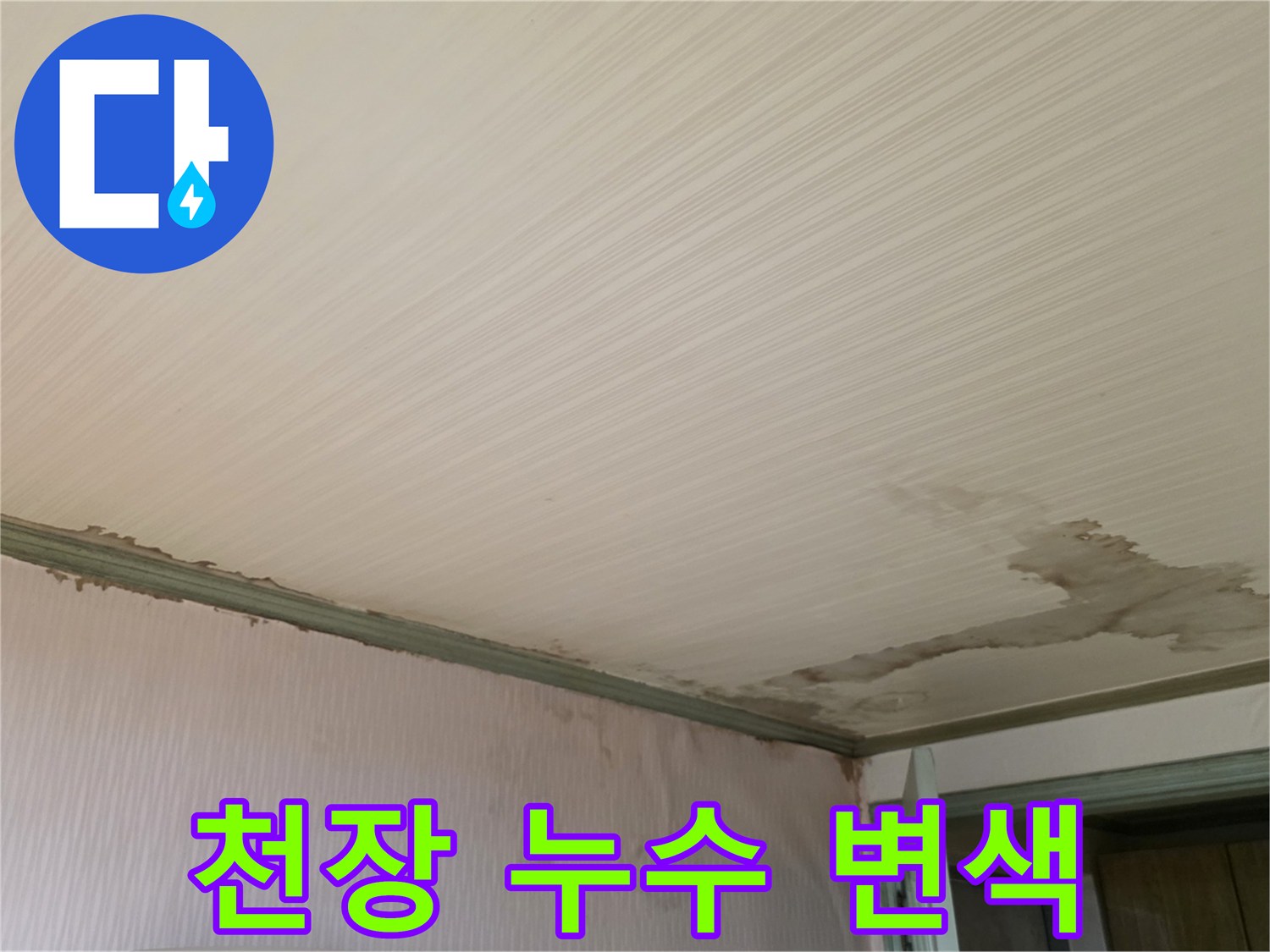 천장 판넬 부위의 심한 물자국과 습기 흔적
