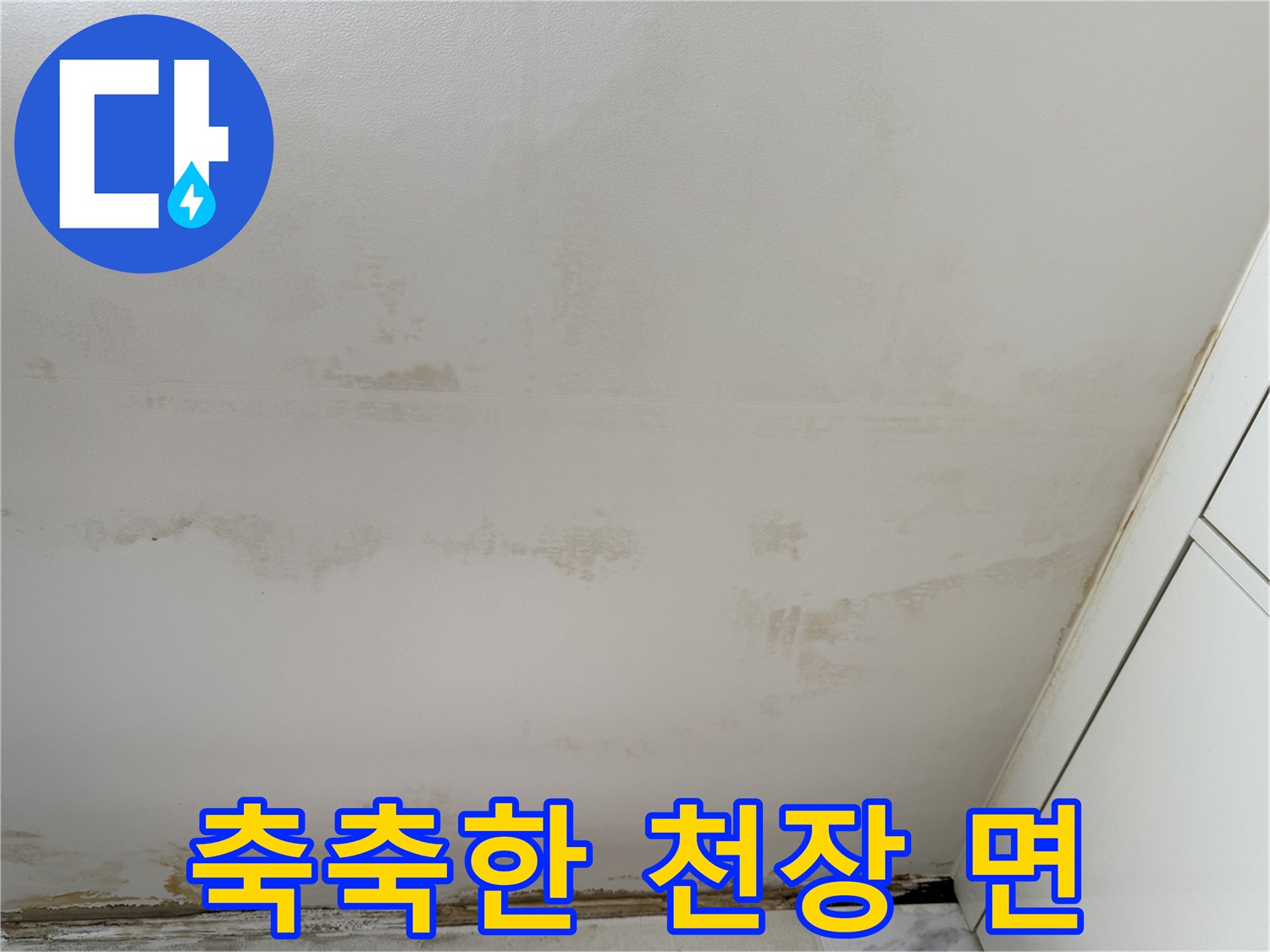 물샘 흔적이 넓게 퍼진 주방 천장 부위