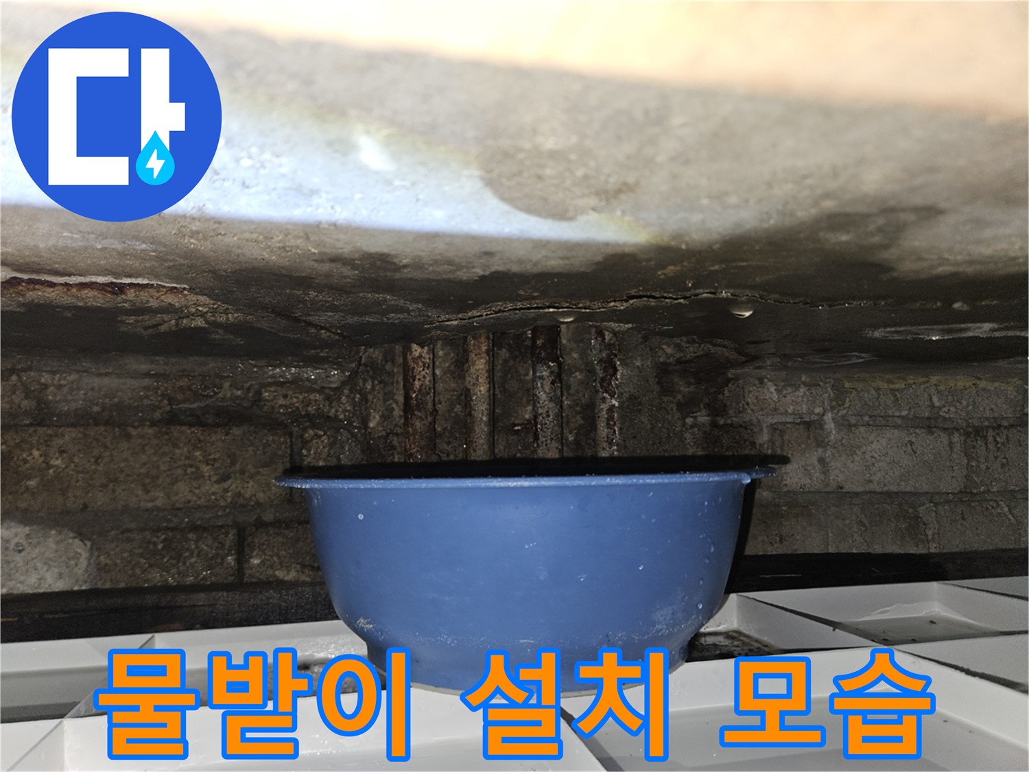 누수 지점 아래 배치된 파란색 대야