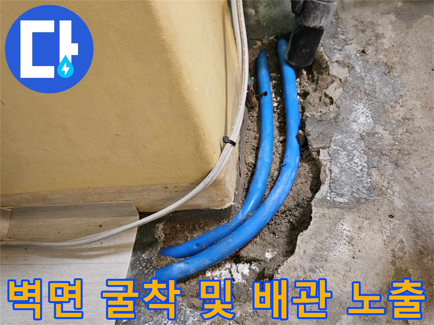콘크리트 벽 내부에서 발견된 파란색 배관의 모습