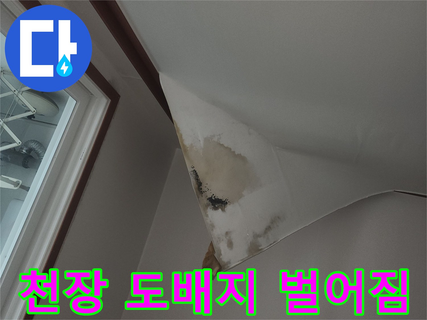 습기 침투로 인해 갈라진 천장 마감재 상태입니다.