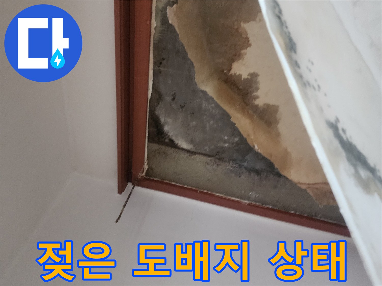 천장 내부-습기로 인해 변색된 도배지