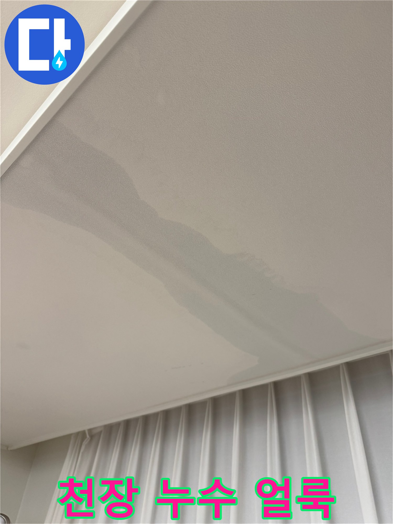 천장-도배지에-발생한-커다란-물자국과-변색-현상