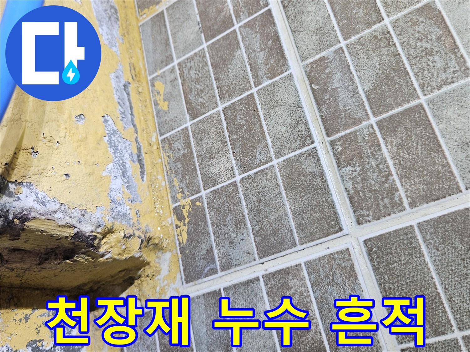 격자무늬 천장재-배관 주위 습기 침투 흔적