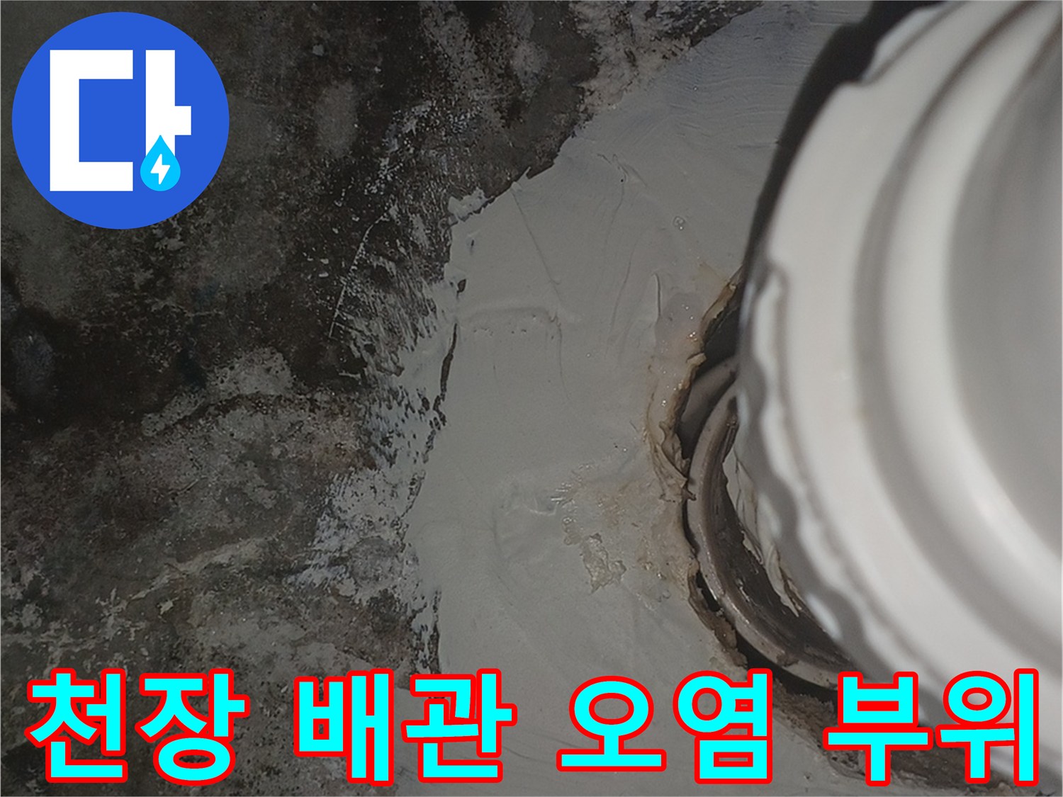 욕실 천장 배수관 연결부의 습기 및 변색 상태