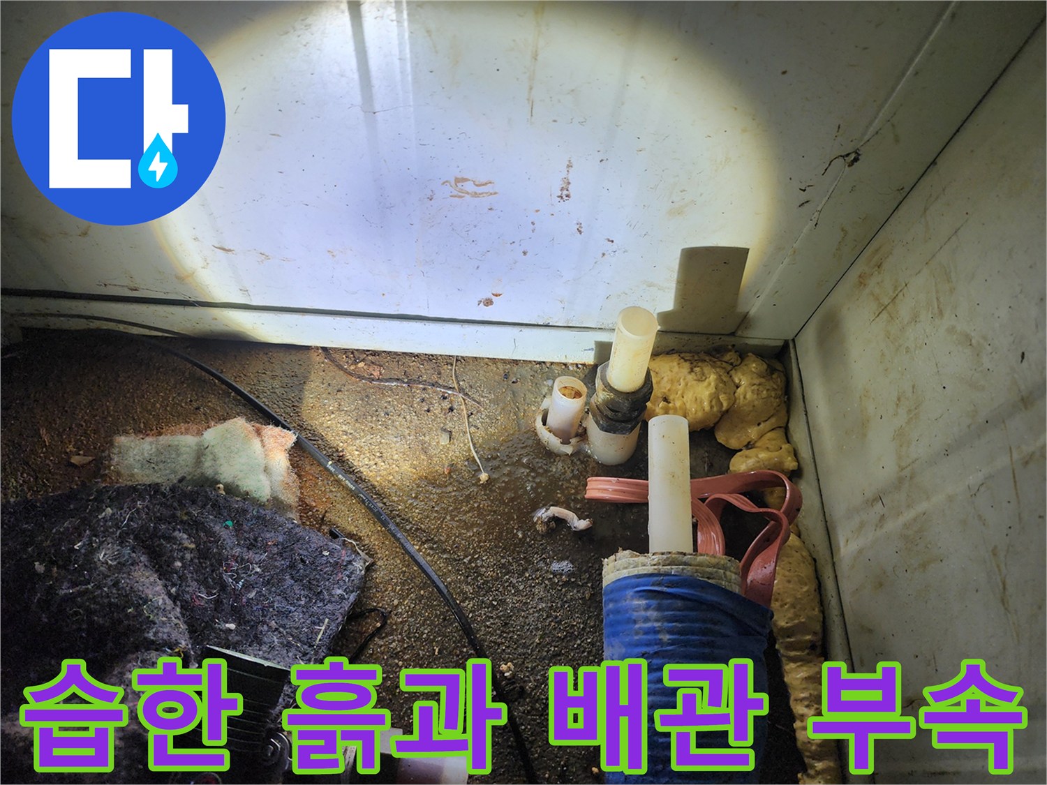 누수가-발생한-지점의-젖은-흙과-노출된-배관