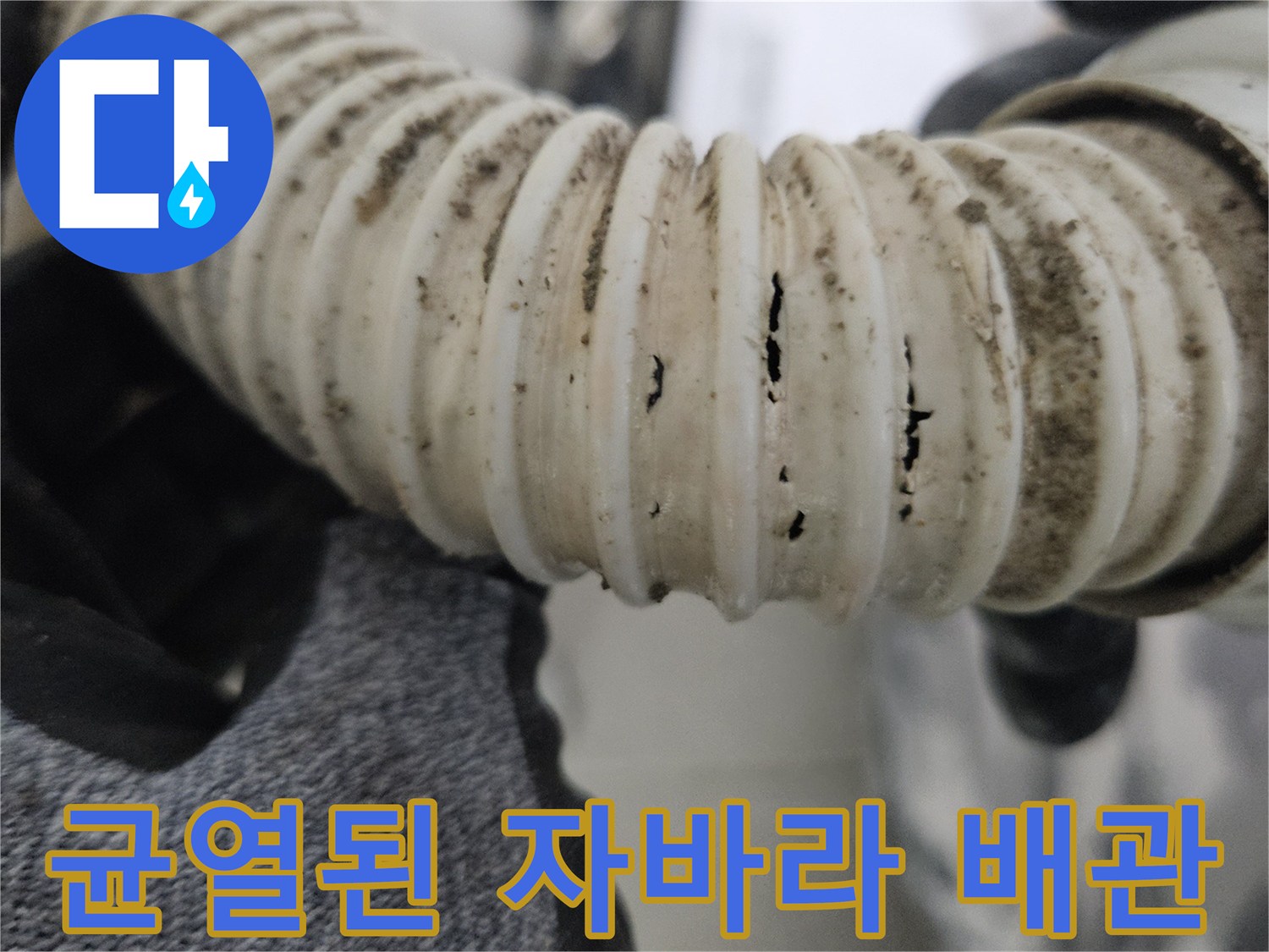 오염과 균열이 동반된 하얀색 자바라 호스