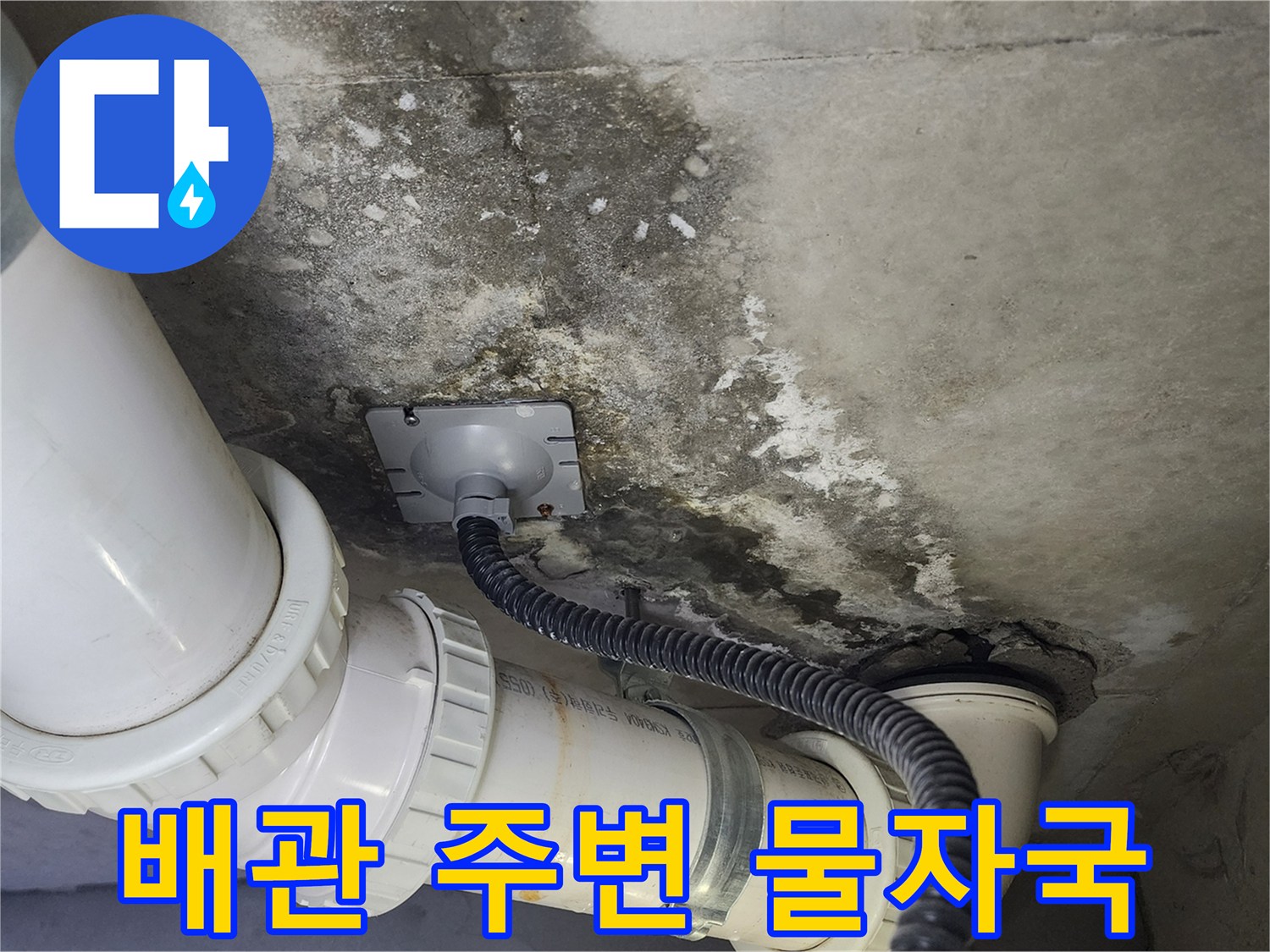 천장-콘크리트-배관-연결부-주변의-누수-흔적