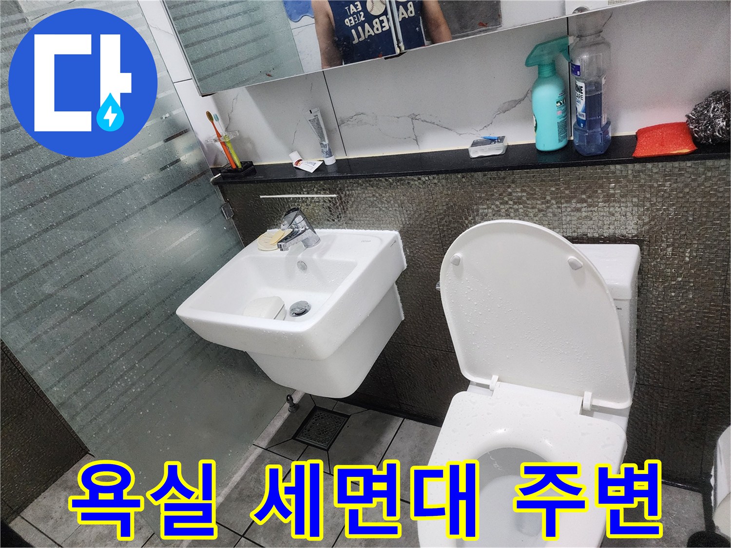 세면대\text{ 및}\text{ 변기\text{ 설치\text{ 된}\text{ 화장실}\text{ 내부\text{ 모습}}