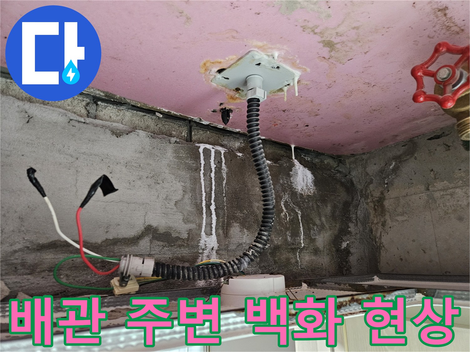 배관 연결 부위-누수로 인한 하얀 석회 침착물