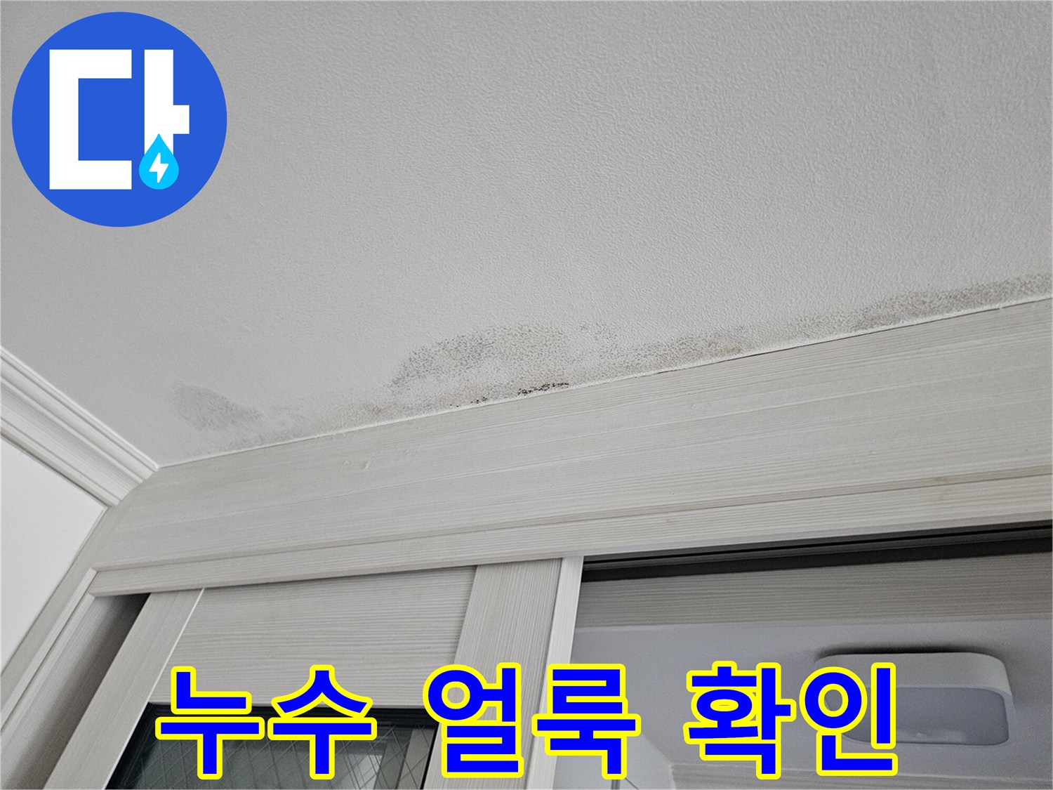 중문 천장 몰딩 부근의 젖은 벽지 흔적