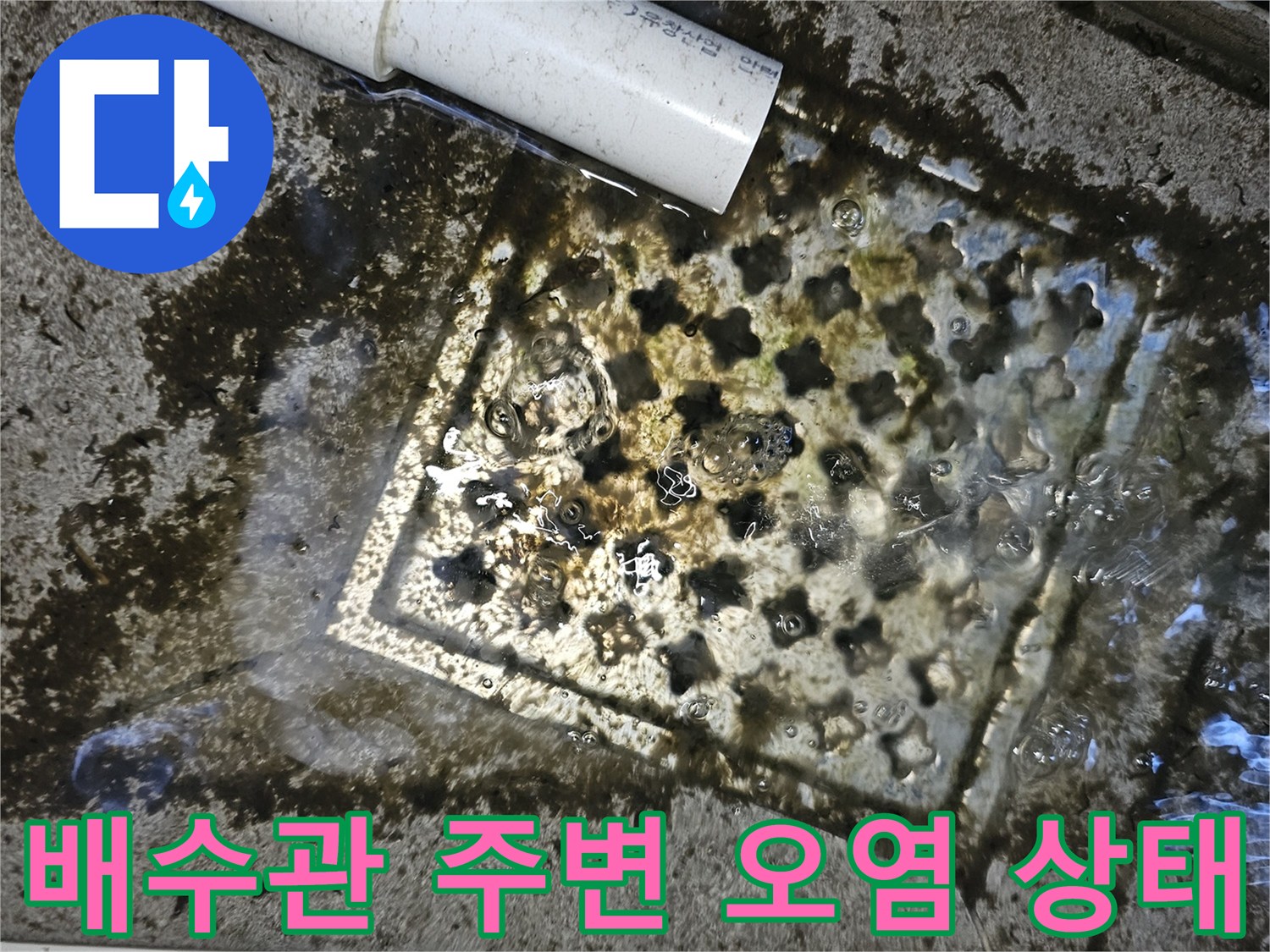 물때가-심하게-낀-하수구-격자-및-배관-주변